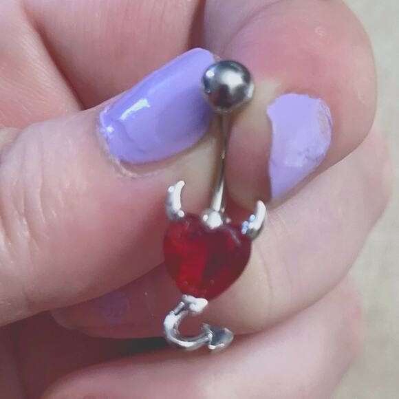 Red heart with devil horns and tail silver tone belly button navel piercing - Picture 2 of 2